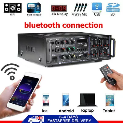 2000W Digital 2CH Bluetooth Stereo HIFI USB SD FM Car Home Audio Power Amplifier • £39.80