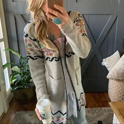 S New Tribal Print Long Grey Cardigan Hooded Western Sweater Top Womens SMALL • $78.50