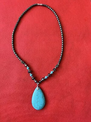 HEMATITE & TEAR DROP TURQUOISE PENDANT Non-Magnetic 18  Hematite W/Screw Closure • $4