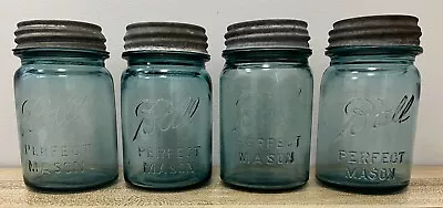 Ball  Perfect Mason  Jars 1923-1933 ~ Lot Of 4 ~ Pint Size Blue W/ Zinc Lids • $14.99