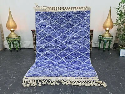 Moroccan Handmade Beni Ourain Rug 4'1 X6'2  Berber Geometric White Blue Carpet • $330