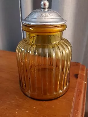 Vintage Amber Glass Apothecary Cookie Jar/Canister Engraved Pewter Lid 10 X 6  • $14.95