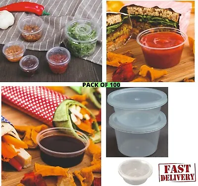 100 X 2oz / 4oz Sauce Pots And Lids Round Containers & Lids Manufacture Sealed • £14.99