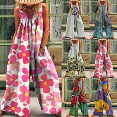 £16.09 • Buy Womens Boho Floral Jumpsuit Romper Beach Baggy Wide Leg Playsuit Harem Pants 16