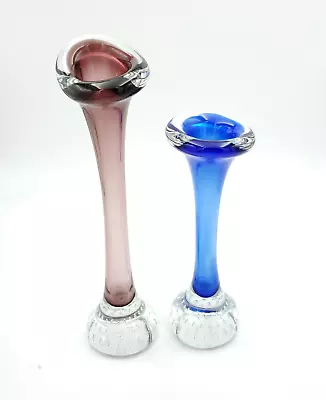 Vtg Lot 2 Blue Purple Murano Bullicante Swung Bubble Trumpet Art Glass Vases  • $39.99