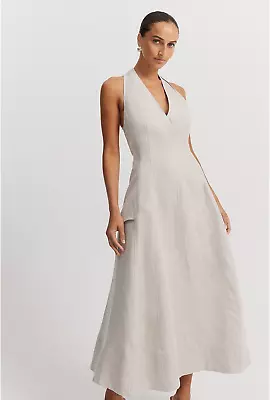 COUNTRY ROAD ORGANIC LINEN HALTER MIDI DRESS In Stone  RRP$279 Size 12 • $100