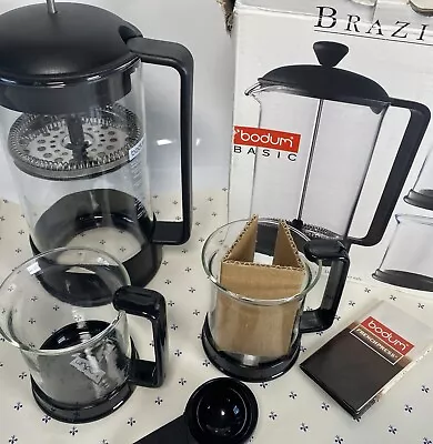 NEW Bodum Coffee Maker Cafetiere French Press 1L Brazil Set 2 Glasses Black • £13.99