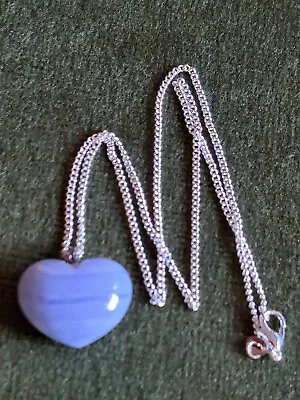 Vintage Sterling Silver & Scottish Montrose Agate Love Heart Pendant Necklace • £18