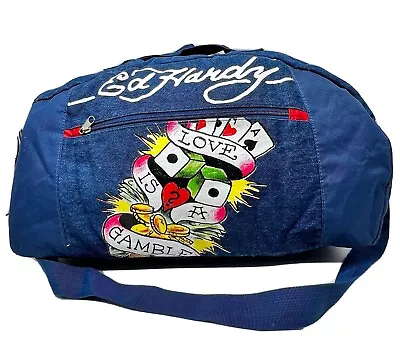 ED HARDY Denim Overnight Denim Duffle Bag Blue Tote “LOVE IS A GAMBLE  Lined • $25