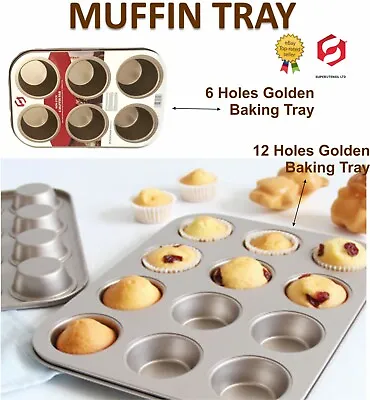  6/12 Cup Cake Deep Bun Muffin Pie Yorkshire Pudding Baking Tray Tin Gold New • £6.49