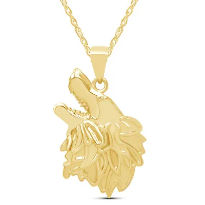 Mens Style Wolf Face Charm Pendant Necklace In 10K Yellow Gold • $1552.06