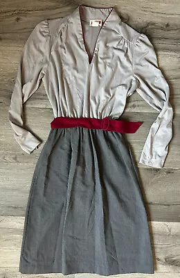 Gray Belted Dress VTG 80s Office Waitress Maid Elastic Waist Boho Retro Costume • $24.97