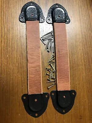 Antique Trunk Handles-2 Leather Straps4 Trunk Hardware Metal End Caps & Nails-Y • $29