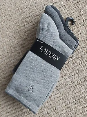 3 Pairs Womens RALPH LAUREN Charcoal Grey 67% Cotton Ankle SOCKS 34000PKSR RL21 • £35