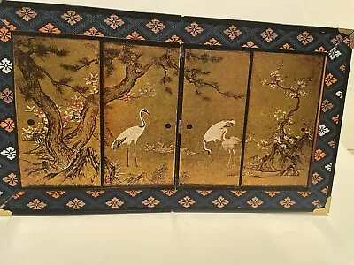 Asian Japanese Mini Desktop 2 Panel Folding Screen Divider Birds Wood Vintage • £25.08