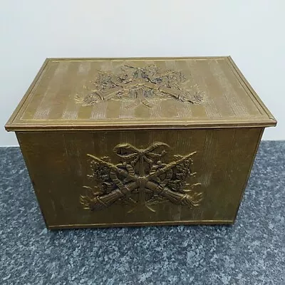 Vintage Embossed Brass Wooden Coal Log Box Bin Two Torches Scene Fireplace • £24.49