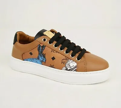 $550 MCM Women's Cognac Brown Visetos Leather Rabbit Print Sneaker MES9AMM76CO0 • $221