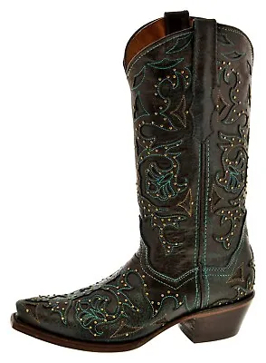 Womens Western Cowboy Boots Brown Studded Overlay Turquoise Stitched Snip Toe • $107.99