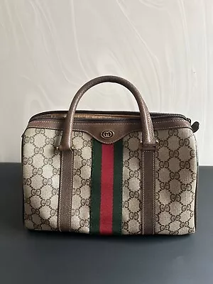 Vintage Gucci Sherry Line GG Web PVC Canvas Leather Brown Boston Bag Handbag • $250