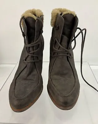 UGG Analise Brown Leather & Shearling Pointed Lace-Up Block Heel Ankle Boots 12 • $40