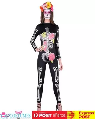 Day Of The Dead Catsuit Costume Skull Mexican Skeleton Senorita Jumpsuit • $49