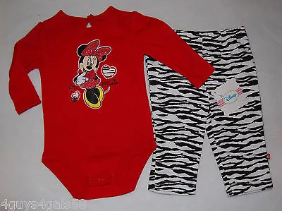 Toddler Girls L/S Bodysuit Outfit MINNIE MOUSE Zebra Stripe Pants GLITTER 6-9 Mo • $20.04