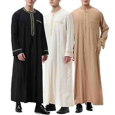 Muslim Mens Jubba Long Sleeve Maxi Kaftan Dishdash Thobe Saudi Arab Robe New • £12.87