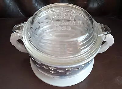 Queen Elizabeth 2 1953 Coronation Pyrex/ Phoenix Casserole Dish Server IN HOLDER • £15