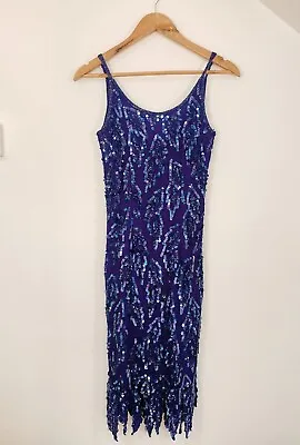 £65 • Buy After Six Ronald Joyce Silk Blue Flapper Sequin Beaded Dress Size 12 MermaidCore