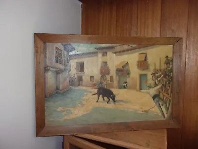 1934 Antique Spanish Painting Framed Matador Bull Fighting D. Valaquez ?? 26x40 • $50