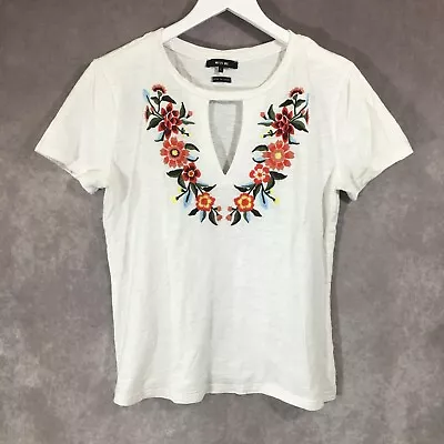 Miss Me Shirt Womens Large White Embroidered Floral Open Neck Top • $18.99