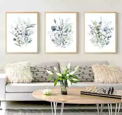 £24.99 • Buy Blue Watercolor Floral Posters Set Of 3 Botanical Bouquet Wall Art Decor Poster