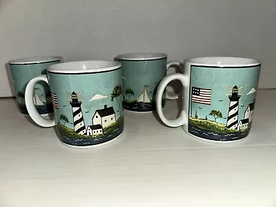 Set Of 4 Sakura Warren Kimble Coastal Breeze Lighthouse Flag 12 Oz Ceramic Mugs • $30