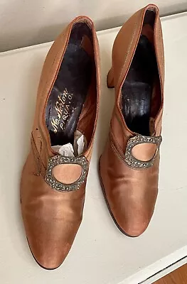 $52.99 • Buy Antique Victorian Edwardian BRONZE Satin Shoes~ Gold Embossed Accents~M. Norton