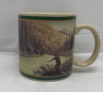 Vintage Eddie Bauer Green Mug Fishing In The Wilderness Man Fishing In Lake • $15