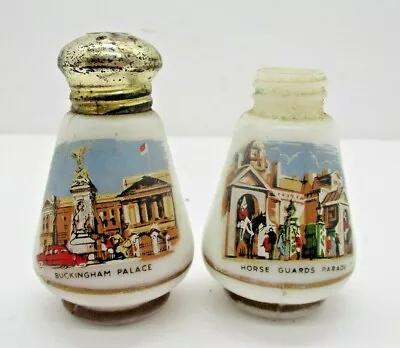 Milk Glass SALT PEPPER SHAKER SET England Buckingham Palace Horse Guards Parade • $11.99