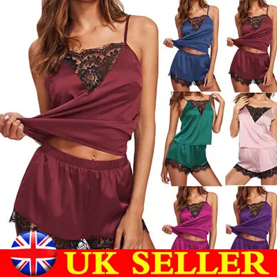 Women Satin Silk Lace Cami Vest Shorts Lingerie Pyjamas Set Sleepwear Pjs HOT UK • £4.88