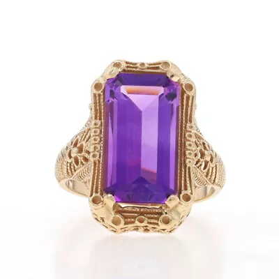 Yellow Gold Lab-Created Amethyst Cocktail Solitaire Ring -10k Emerald Cut 5.43ct • $359.99