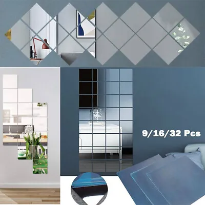 £5.59 • Buy 32X Glass Mirror Tiles Wall Sticker Self Adhesive Square Stick On Art Home Decor