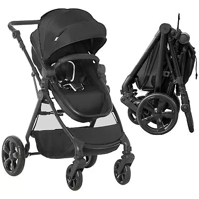 HOMCOM 2 In 1 Pushchair Stroller W/ Reversible Seat Single Hand Foldable Black • £134.99