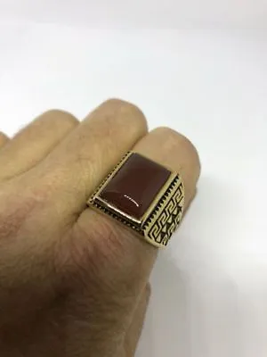 1980's Vintage Golden Stainless Steel Size 9.75 Men's Genuine Carnelian Ring • $44