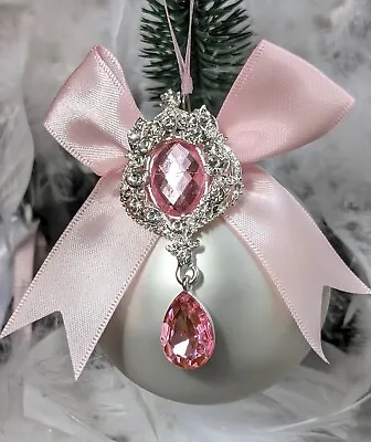 Shabby Chic Victorian Vintage Style Brooch Rose Pink Bow Jeweled Glass Ornament • $10.99