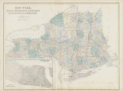 New York & New England. VT CT RI MA NH. NYC Manhattan Plan. SIDNEY HALL 1856 Map • £95