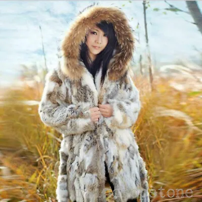 New Women's Real Fur Collar Hooded Overcoat Winter Real Rabbit Fur Coat Jacket • $85.39