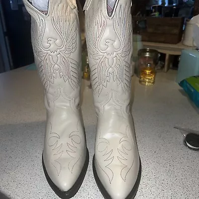 Laredo Lea Vamp Fox White Leather Cowboy Boots Size 10 D ( Eagle) • $89.99