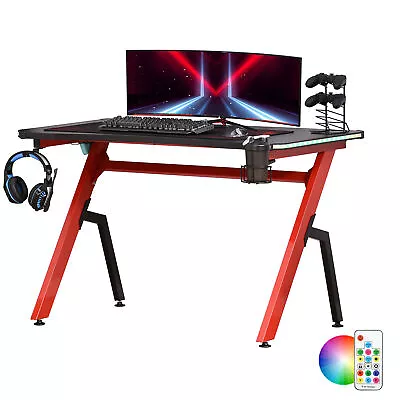 HOMCOM Ergonomic Gaming Desk With Hook Cup Holder LED & Cable Management Red • £79.99