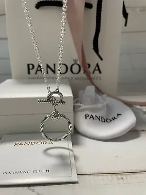 $49 • Buy Pandora Moments Sterling Silver O Pendant Necklace T-Bar With Gift Bag