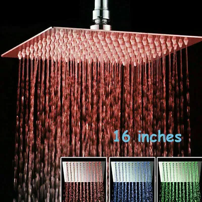 16 Inch Chrome LED Rainfall Shower Head Square Ultra Thin Overhead Top Sprayer • $35