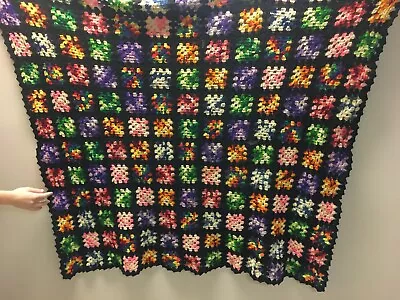 $24.99 • Buy Crochet Afghan Granny Square Blanket Throw 48  X 56  Black Multicolor COLORFUL