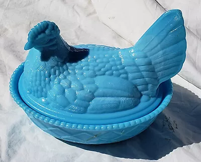 Glass Chicken Hen On Nest Vintage Lt. Blue Covered 2 Piece Butter Candy Dish • $24.99